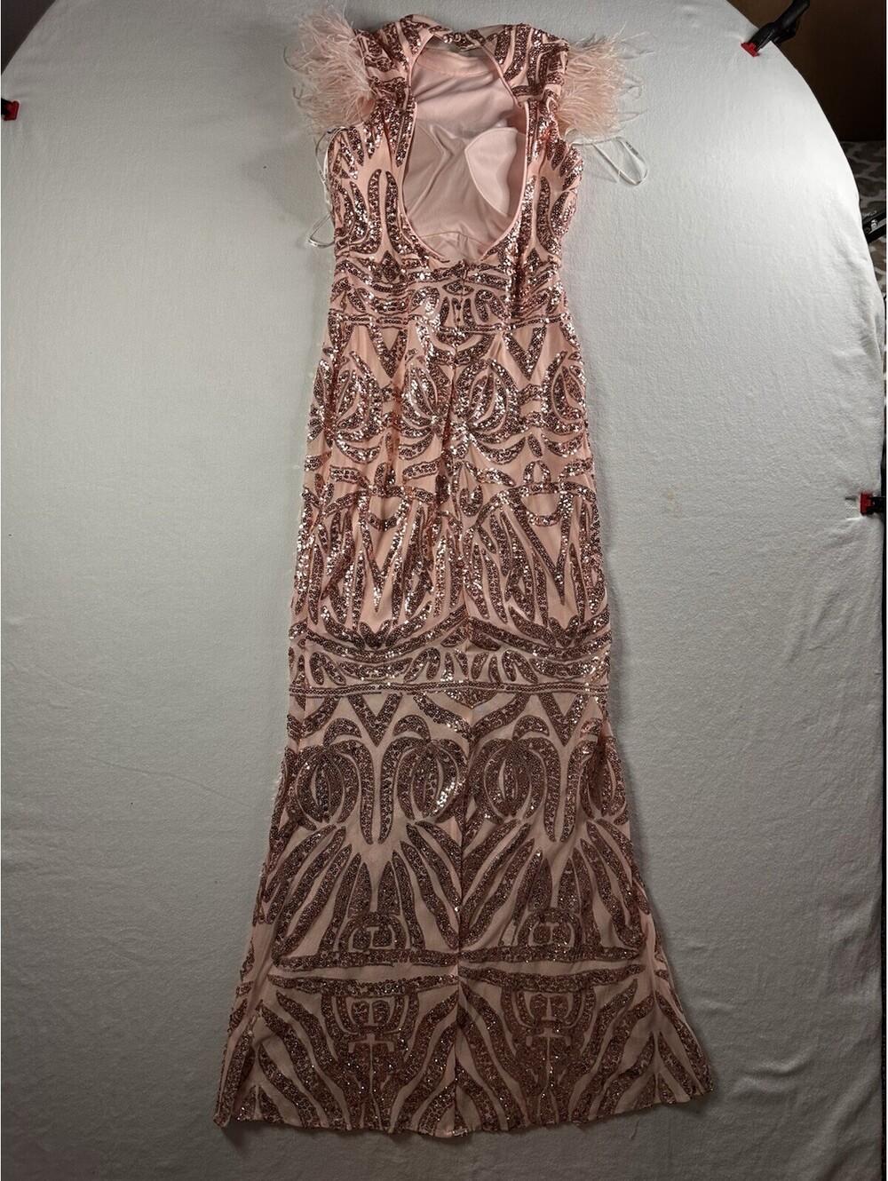 GUESS Pink sequin dress Size 4 With Ostrich Feathers, GREAT CONDITION - Picture 8 of 15